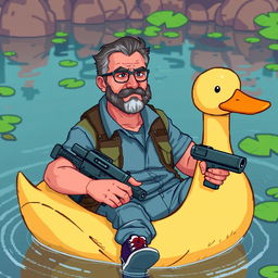 A middle-aged man with a determined expression, wearing casual outdoor clothes, sitting in a large, cartoonish duck