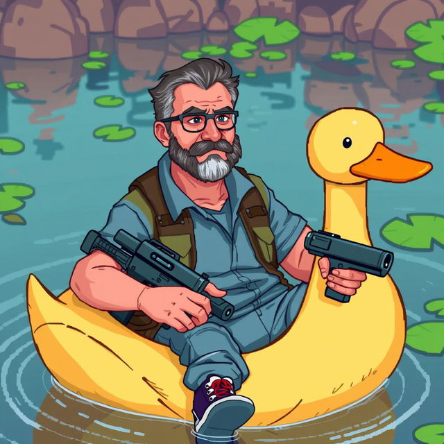 A middle-aged man with a determined expression, wearing casual outdoor clothes, sitting in a large, cartoonish duck