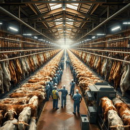 A vivid depiction of a large slaughterhouse interior, showcasing thousands of cattle hanging in an orderly fashion