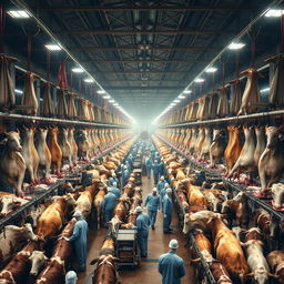 A vivid depiction of a large slaughterhouse interior, showcasing thousands of cattle hanging in an orderly fashion