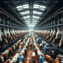 A vivid depiction of a large slaughterhouse interior, showcasing thousands of cattle hanging in an orderly fashion