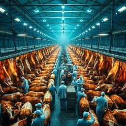 A vivid depiction of a large slaughterhouse interior, showcasing thousands of cattle hanging in an orderly fashion