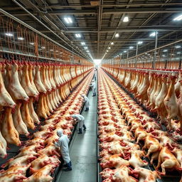 An expansive view of a cold storage facility with thousands of cattle carcasses hanging in organized rows