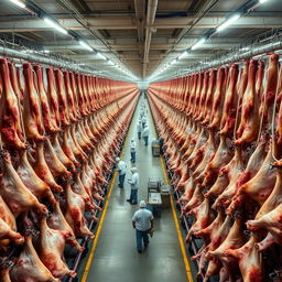 An expansive view of a cold storage facility with thousands of cattle carcasses hanging in organized rows