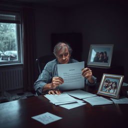 A despondent man sitting at an empty desk, staring at a dismissal letter