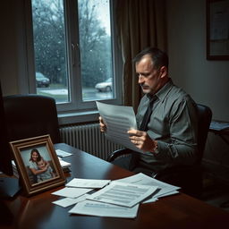 A despondent man sitting at an empty desk, staring at a dismissal letter