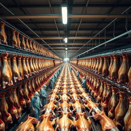 An expansive view of a cold storage facility with thousands of cattle carcasses hanging in organized rows