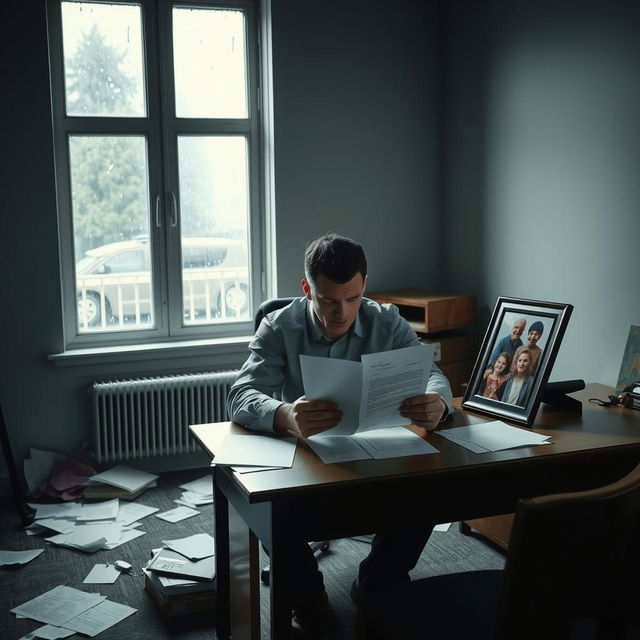 A despondent man sitting at an empty desk, staring at a dismissal letter