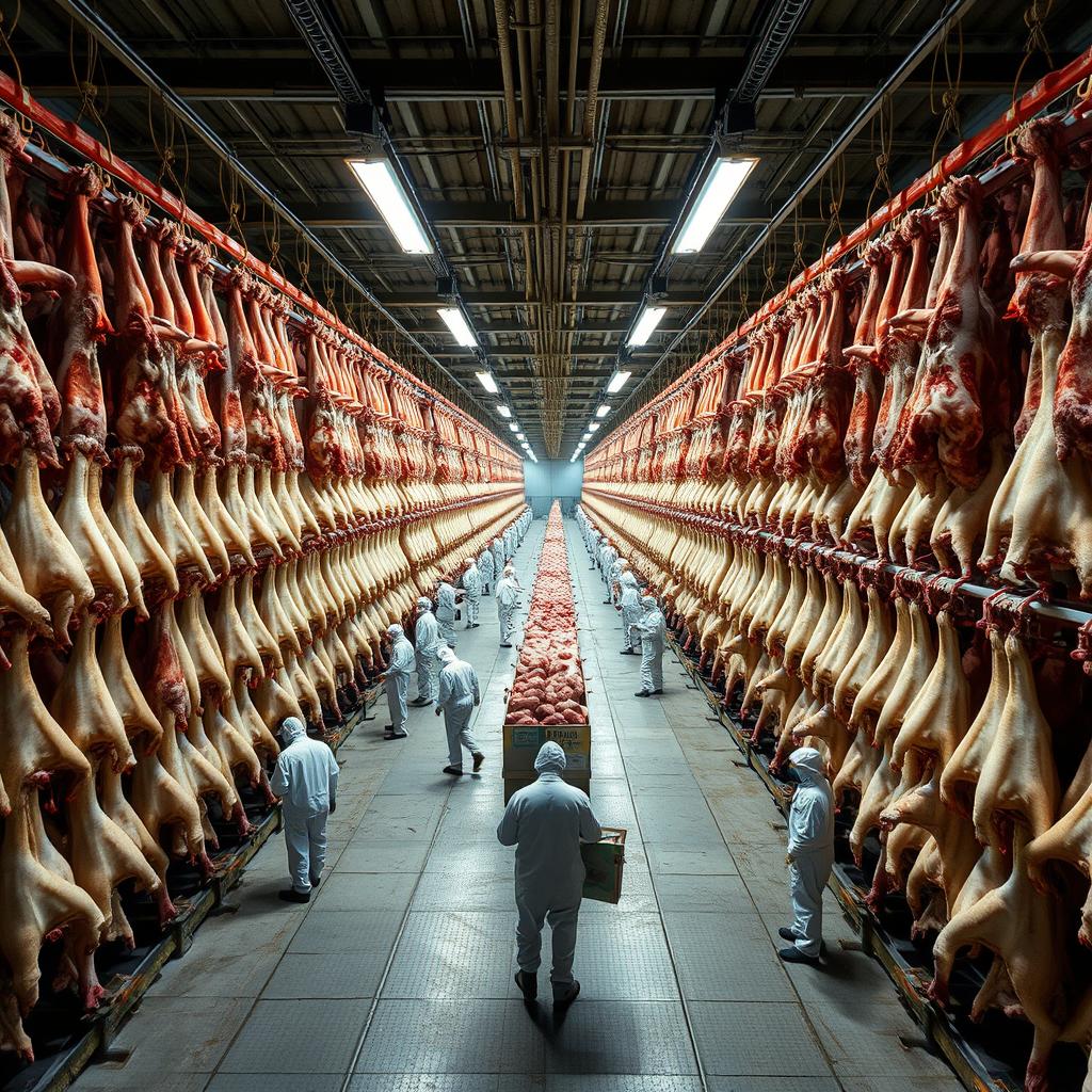 An expansive view of a cold storage facility with thousands of cattle carcasses hanging in organized rows