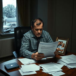 A despondent man sitting at an empty desk, staring at a dismissal letter