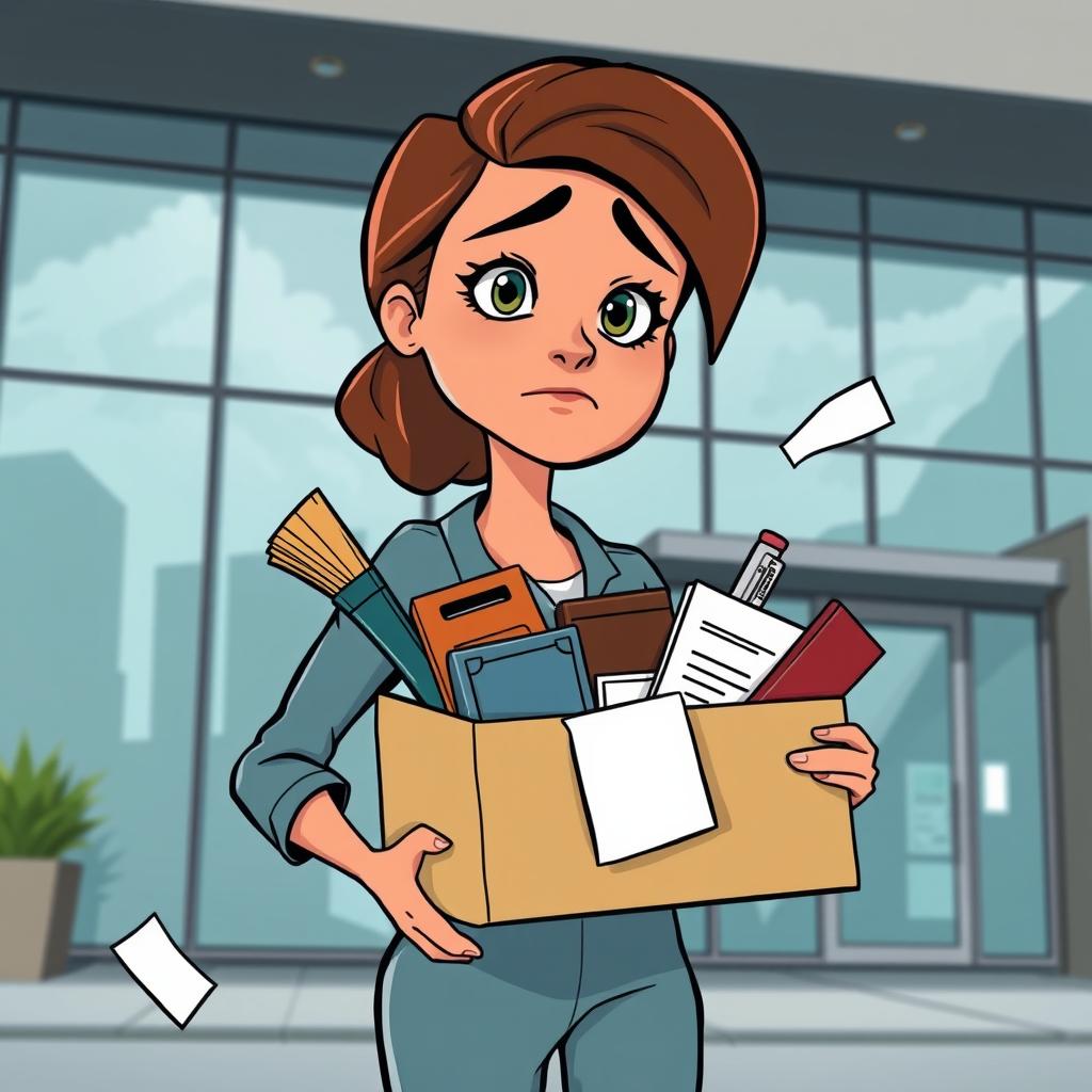 An animated woman with a look of disappointment holding boxes filled with office supplies and personal items, standing in front of an office building