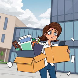 An animated woman with a look of disappointment holding boxes filled with office supplies and personal items, standing in front of an office building