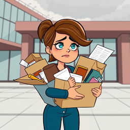 An animated woman with a look of disappointment holding boxes filled with office supplies and personal items, standing in front of an office building