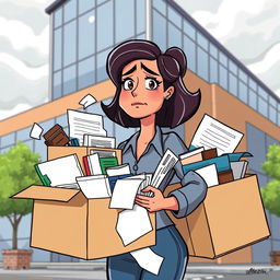 An animated woman with a look of disappointment holding boxes filled with office supplies and personal items, standing in front of an office building