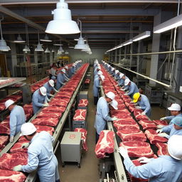 A bustling beef processing facility with many workers actively engaged in various tasks