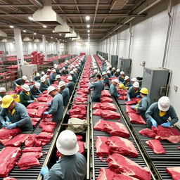 A bustling beef processing facility with many workers actively engaged in various tasks