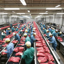 A bustling beef processing facility with many workers actively engaged in various tasks