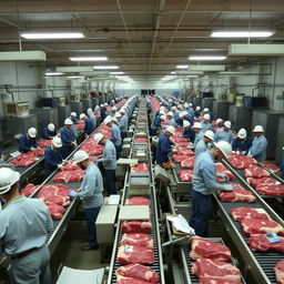 A bustling beef processing facility with many workers actively engaged in various tasks