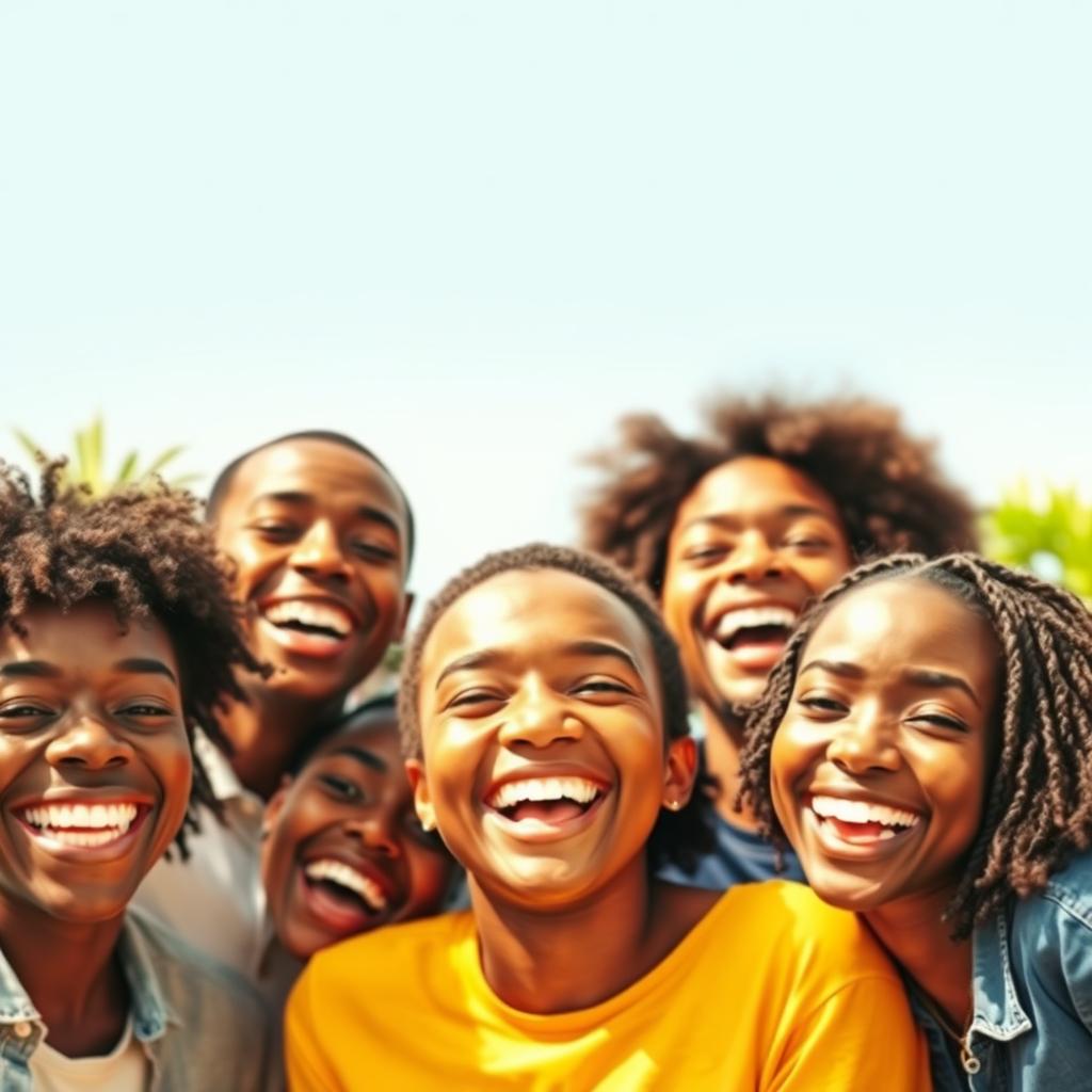 A joyful group of Black individuals, their faces beaming with happiness, set against a bright and lively backdrop