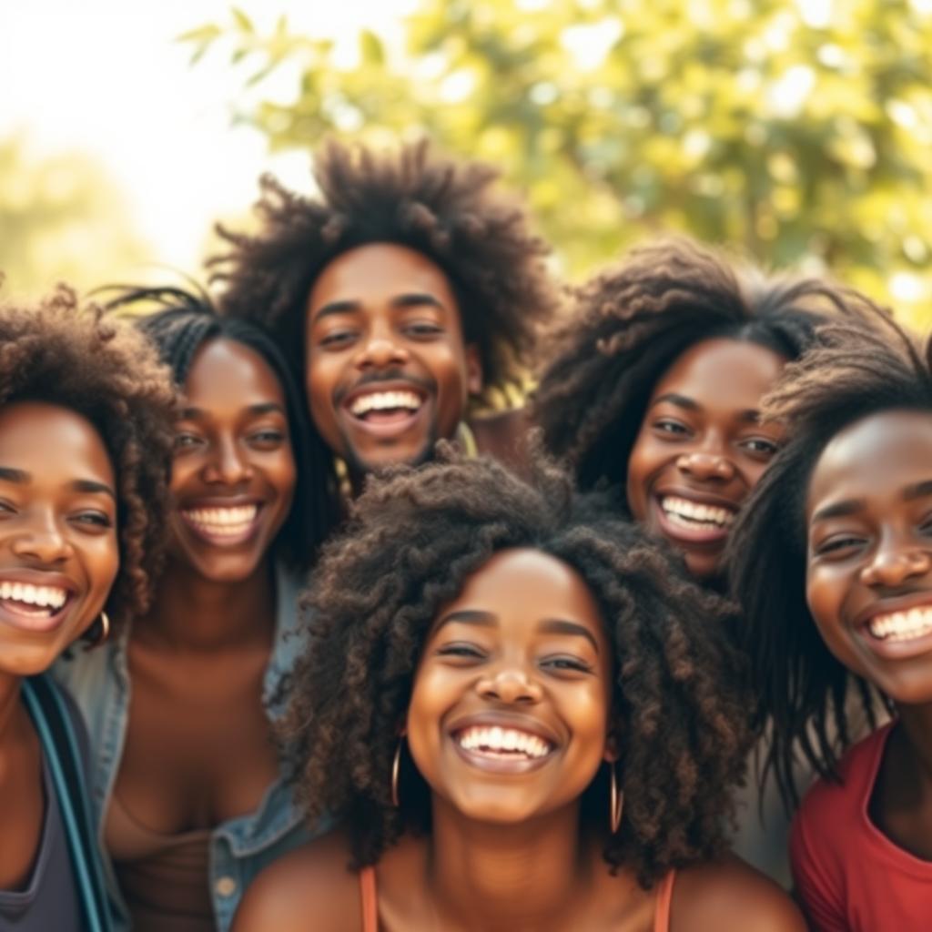 A joyful group of Black individuals, their faces beaming with happiness, set against a bright and lively backdrop