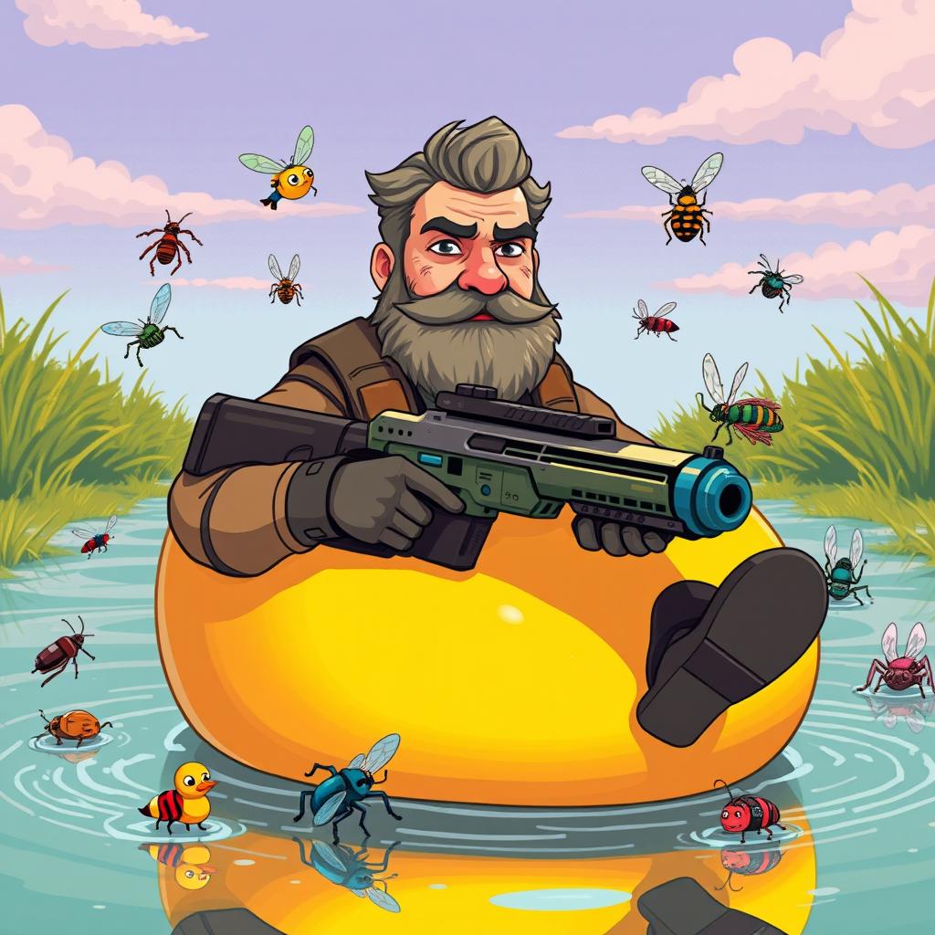 A middle-aged man with a rugged beard and a determined expression, wearing outdoor clothes, sitting in a large, cartoonish yellow rubber duck