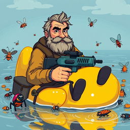 A middle-aged man with a rugged beard and a determined expression, wearing outdoor clothes, sitting in a large, cartoonish yellow rubber duck