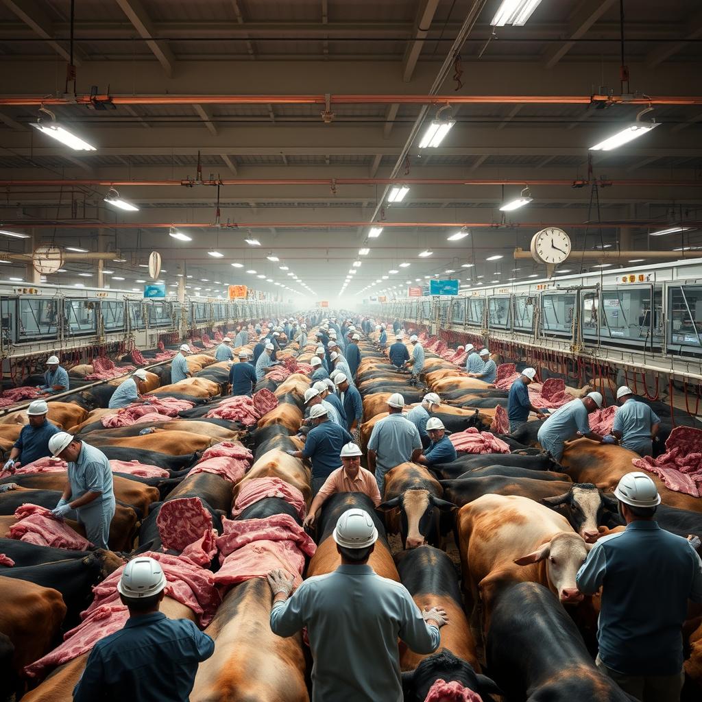 A large-scale beef processing facility where thousands of cattle are being processed