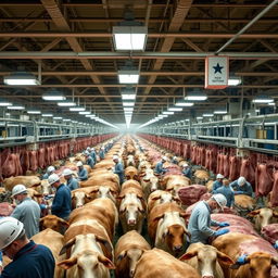 A large-scale beef processing facility where thousands of cattle are being processed