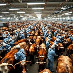 A large-scale beef processing facility where thousands of cattle are being processed