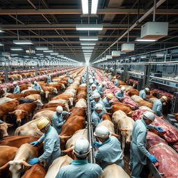 A large-scale beef processing facility where thousands of cattle are being processed