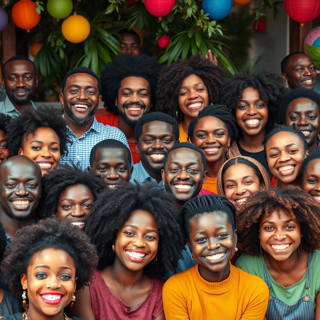 A cheerful assembly of Black individuals, each displaying expressions of happiness and contentment, set within a vibrant and lively scene