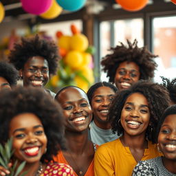 A cheerful assembly of Black individuals, each displaying expressions of happiness and contentment, set within a vibrant and lively scene