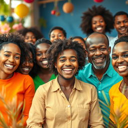 A cheerful assembly of Black individuals, each displaying expressions of happiness and contentment, set within a vibrant and lively scene