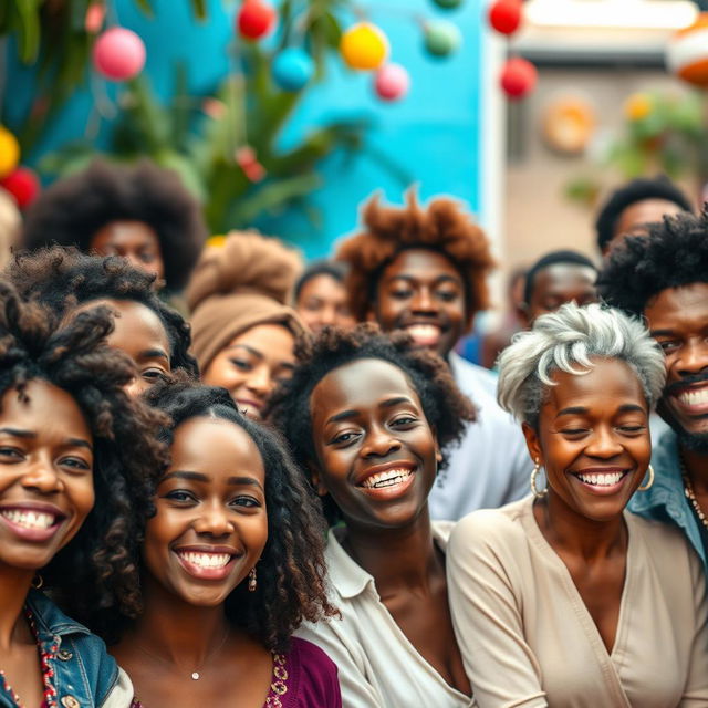 A cheerful assembly of Black individuals, each displaying expressions of happiness and contentment, set within a vibrant and lively scene