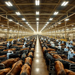 An expansive beef processing plant with thousands of cattle inside, showcasing the enormous scale of operations