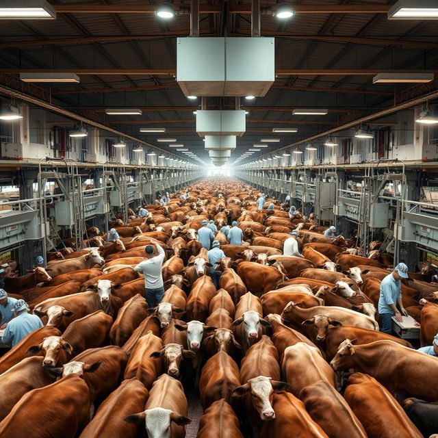 An expansive beef processing plant with thousands of cattle inside, showcasing the enormous scale of operations