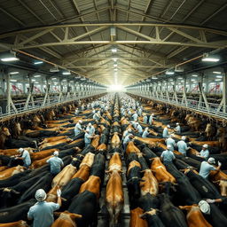 An expansive beef processing plant with thousands of cattle inside, showcasing the enormous scale of operations