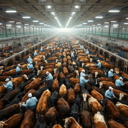 An expansive beef processing plant with thousands of cattle inside, showcasing the enormous scale of operations