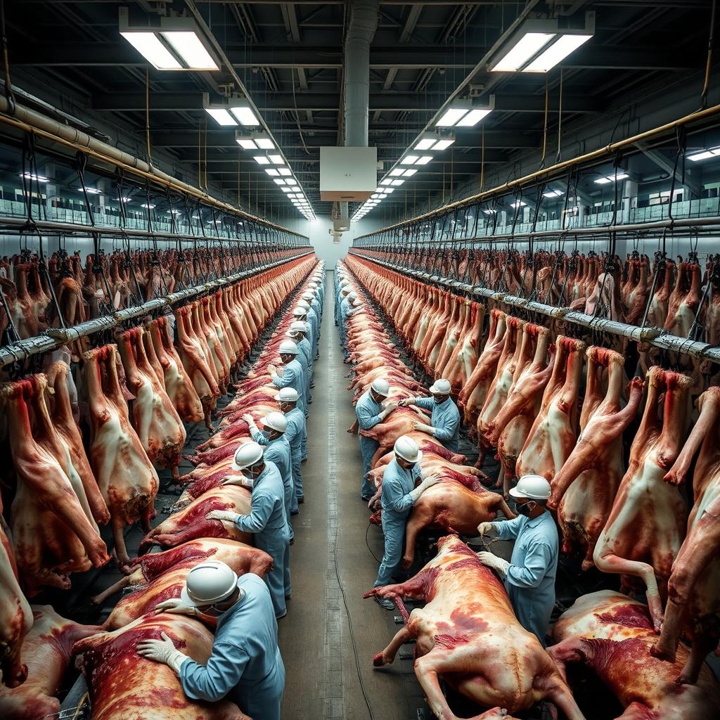 A vast beef processing plant where thousands of hanging cattle are being expertly skinned by numerous workers