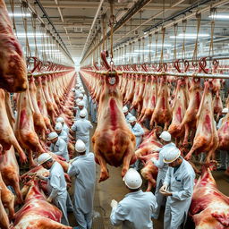 A vast beef processing plant where thousands of hanging cattle are being expertly skinned by numerous workers