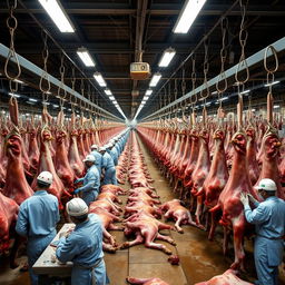 A vast beef processing plant where thousands of hanging cattle are being expertly skinned by numerous workers