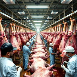 A vast beef processing plant where thousands of hanging cattle are being expertly skinned by numerous workers