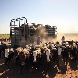 a large herd of cattle being loaded onto a distinctive cattle truck, capturing the scale of the operation, with cowboys expertly managing the animals