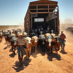 a large herd of cattle being loaded onto a distinctive cattle truck, capturing the scale of the operation, with cowboys expertly managing the animals