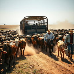 a large herd of cattle being loaded onto a distinctive cattle truck, capturing the scale of the operation, with cowboys expertly managing the animals