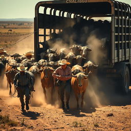 a large herd of cattle being loaded onto a distinctive cattle truck, capturing the scale of the operation, with cowboys expertly managing the animals