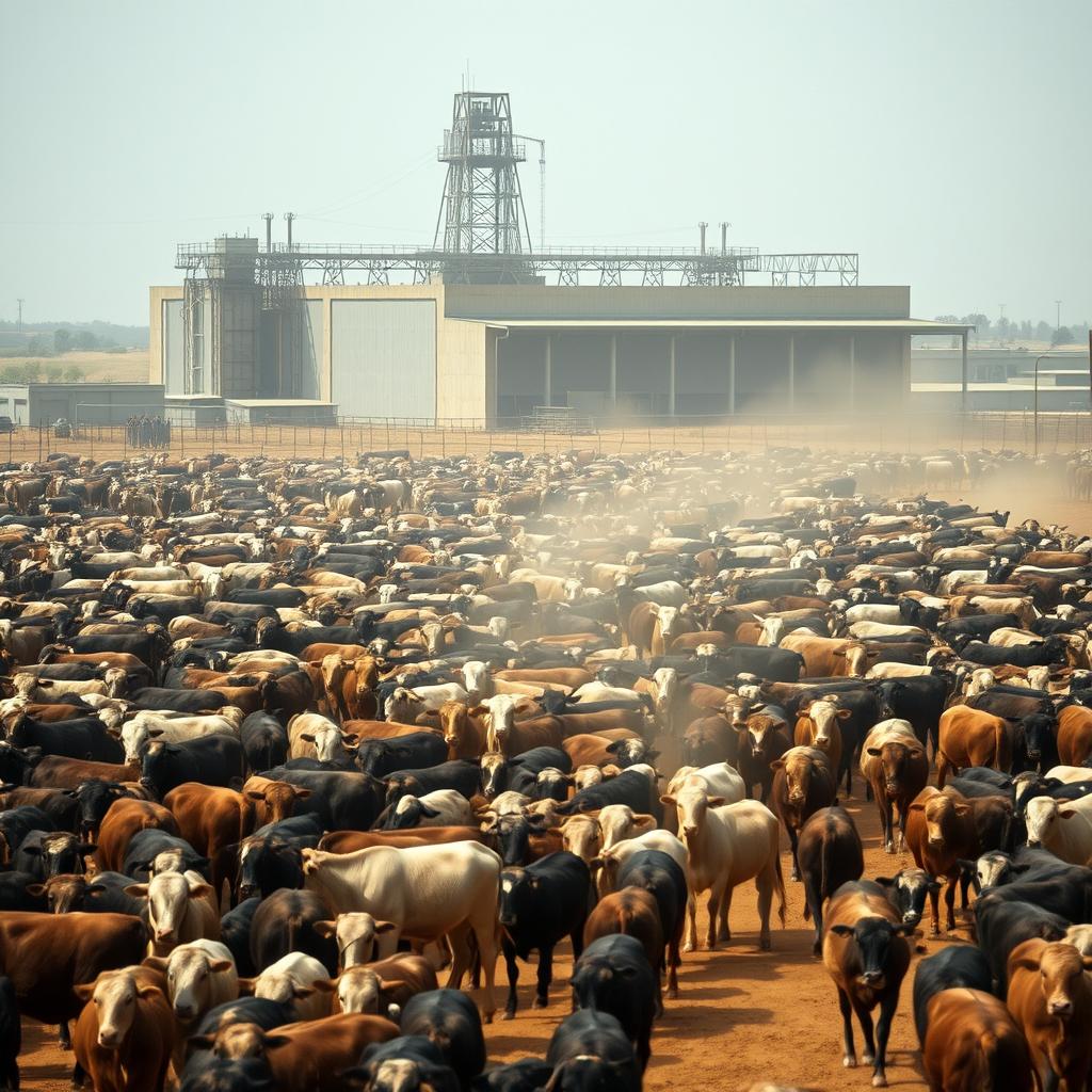 a large herd of cattle gathered in a corral near a massive slaughterhouse