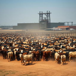 a large herd of cattle gathered in a corral near a massive slaughterhouse