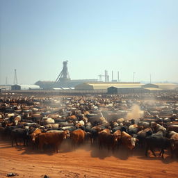 a large herd of cattle gathered in a corral near a massive slaughterhouse