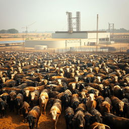 a large herd of cattle gathered in a corral near a massive slaughterhouse